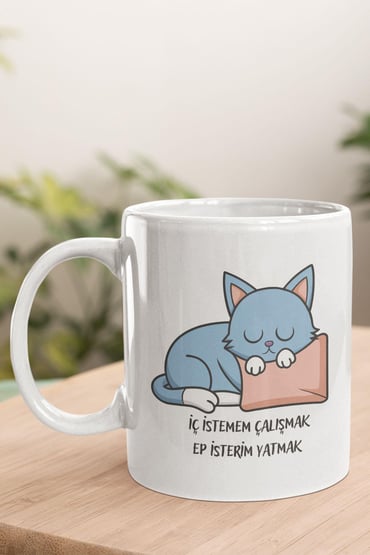 İç İstemem Çalışmak Sevimli Kedi Baskılı Eğlenceli Komik Hediyelik Kupa Bardak