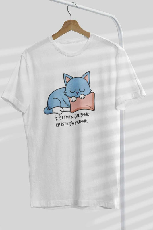 İç İstemem Çalışmak Sevimli Kedi Baskılı Hediyelik Unisex Bisiklet Yaka %100 Pamuklu T-Shirt