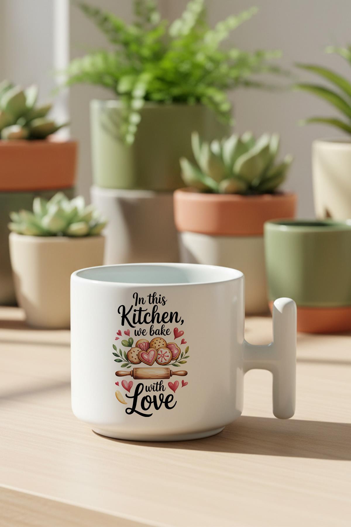 In This Kitchen We Baked With Love Baskılı Hediyelik T Kulplu Latte Fincanı Kupa Bardak