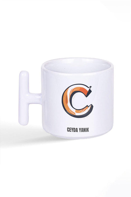 İsme Özel Kişiselleştirilebilir C Harfi Baskılı Latte Fincanı T Kulplu Kupa Bardak