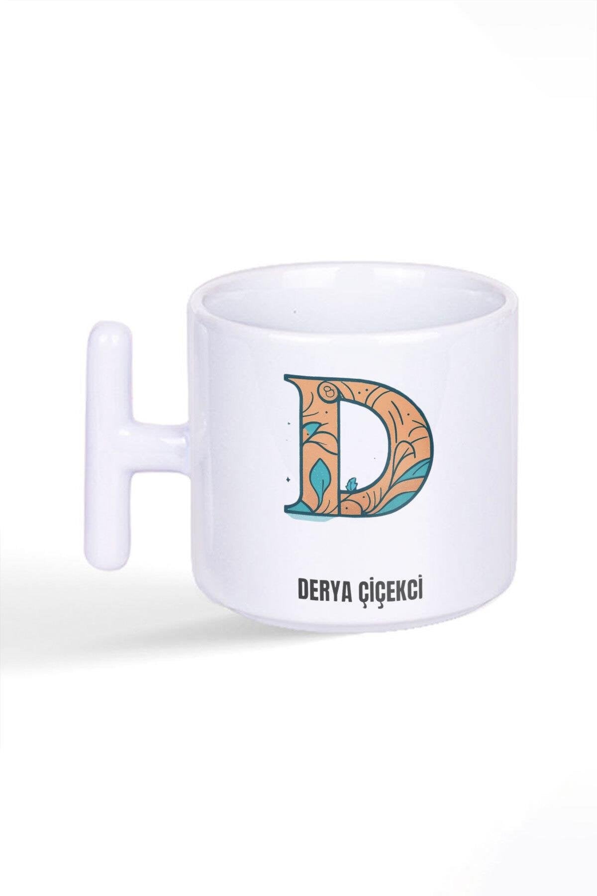 İsme Özel Kişiselleştirilebilir D Harfi Baskılı Latte Fincanı T Kulplu Kupa Bardak