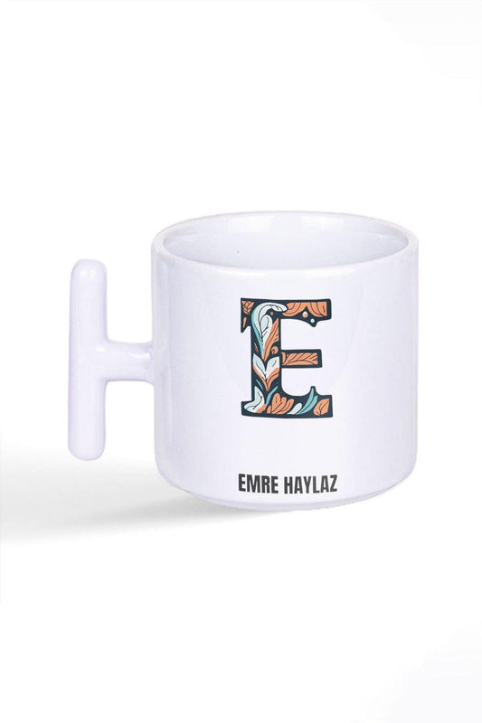 İsme Özel Kişiselleştirilebilir E Harfi Baskılı Latte Fincanı T Kulplu Kupa Bardak