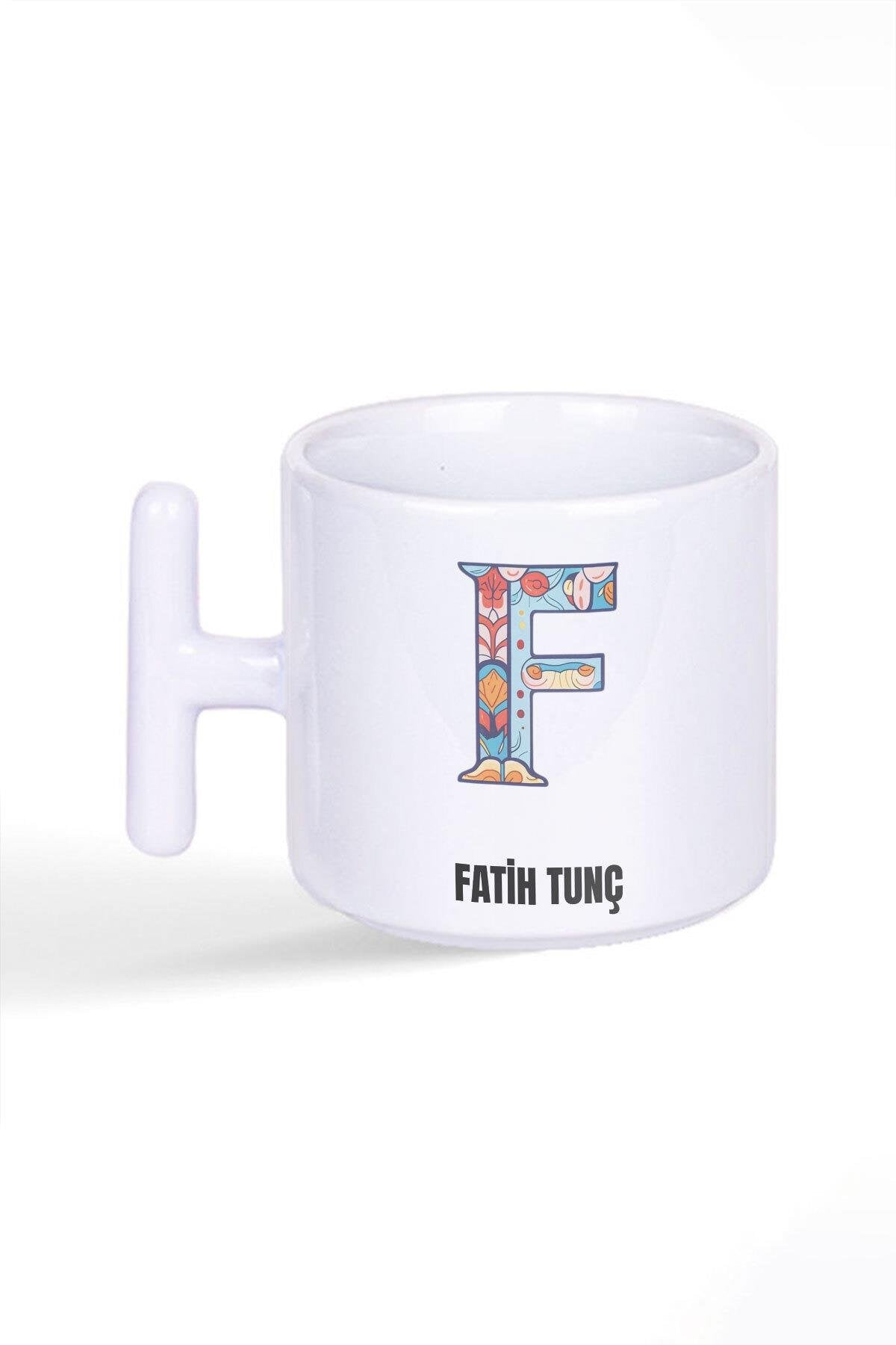 İsme Özel Kişiselleştirilebilir F Harfi Baskılı Latte Fincanı T Kulplu Kupa Bardak