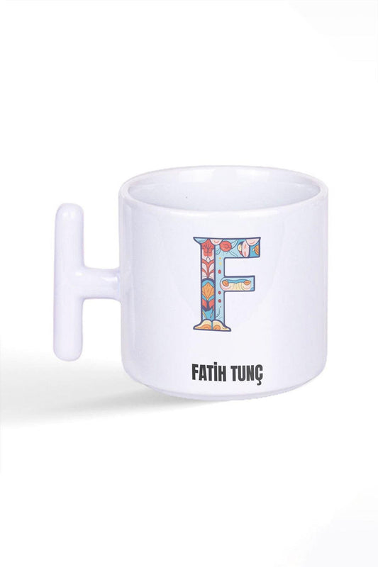 İsme Özel Kişiselleştirilebilir F Harfi Baskılı Latte Fincanı T Kulplu Kupa Bardak