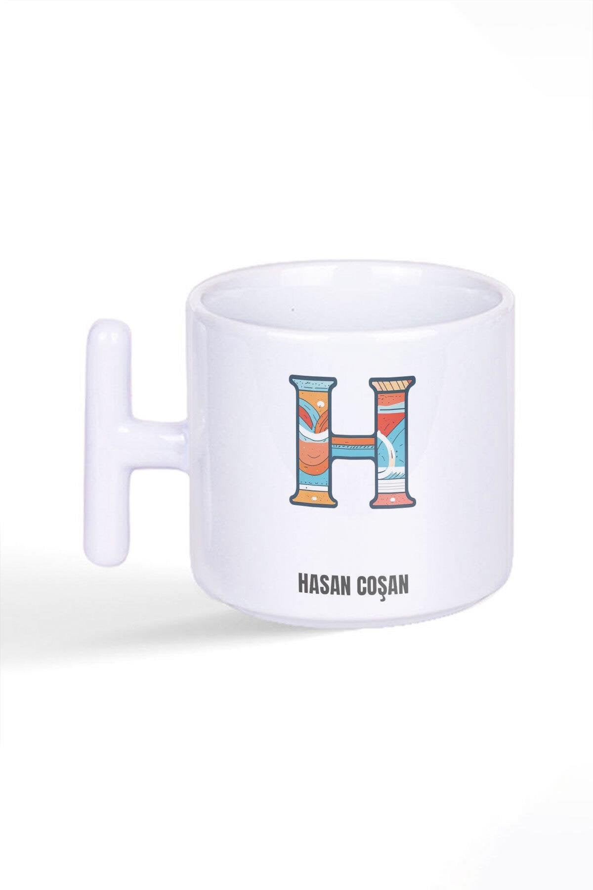 İsme Özel Kişiselleştirilebilir H Harfi Baskılı Latte Fincanı T Kulplu Kupa Bardak
