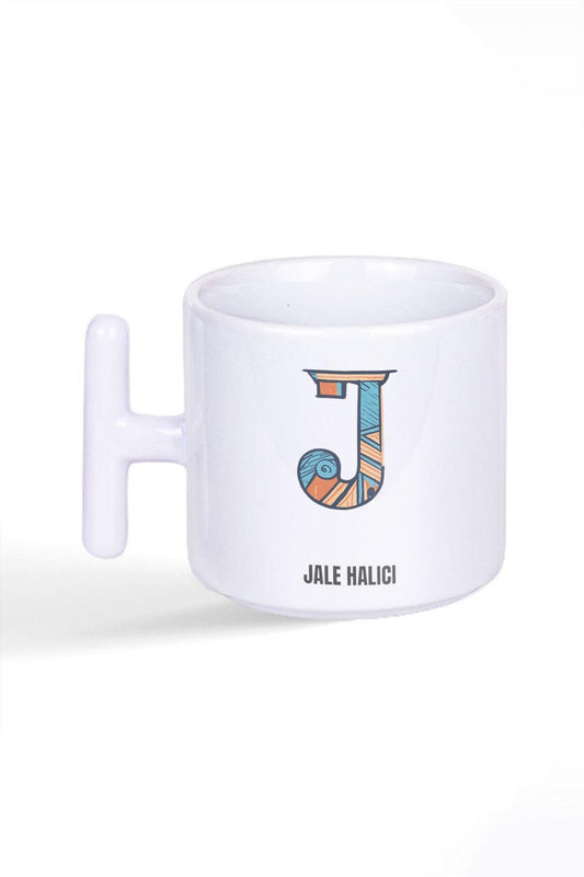 İsme Özel Kişiselleştirilebilir J Harfi Baskılı Latte Fincanı T Kulplu Kupa Bardak