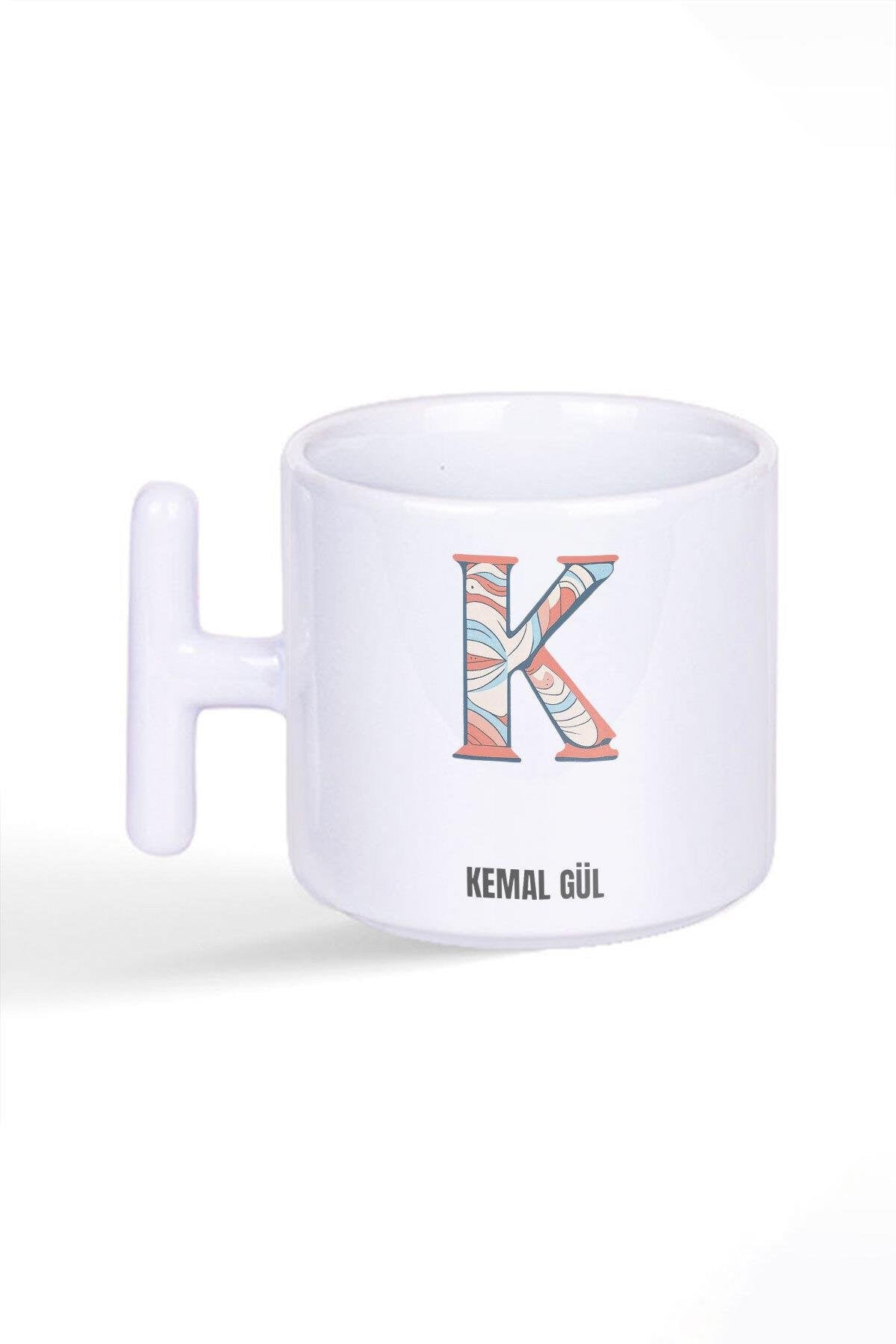 İsme Özel Kişiselleştirilebilir K Harfi Baskılı Latte Fincanı T Kulplu Kupa Bardak