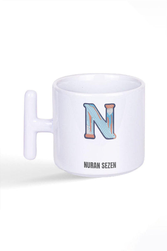 İsme Özel Kişiselleştirilebilir N Harfi Baskılı Latte Fincanı T Kulplu Kupa Bardak