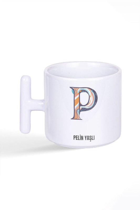 İsme Özel Kişiselleştirilebilir P Harfi Baskılı Latte Fincanı T Kulplu Kupa Bardak