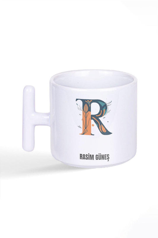 İsme Özel Kişiselleştirilebilir R Harfi Baskılı Latte Fincanı T Kulplu Kupa Bardak