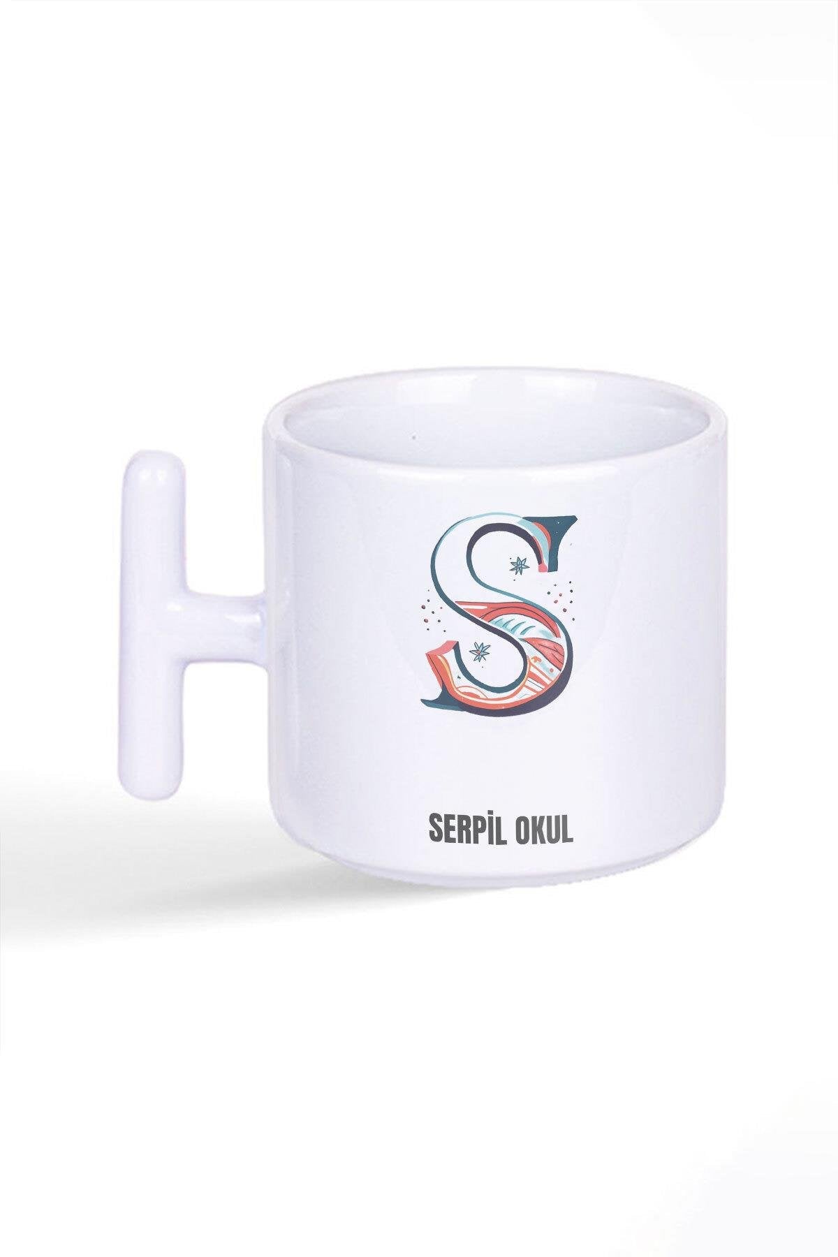 İsme Özel Kişiselleştirilebilir S Harfi Baskılı Latte Fincanı T Kulplu Kupa Bardak