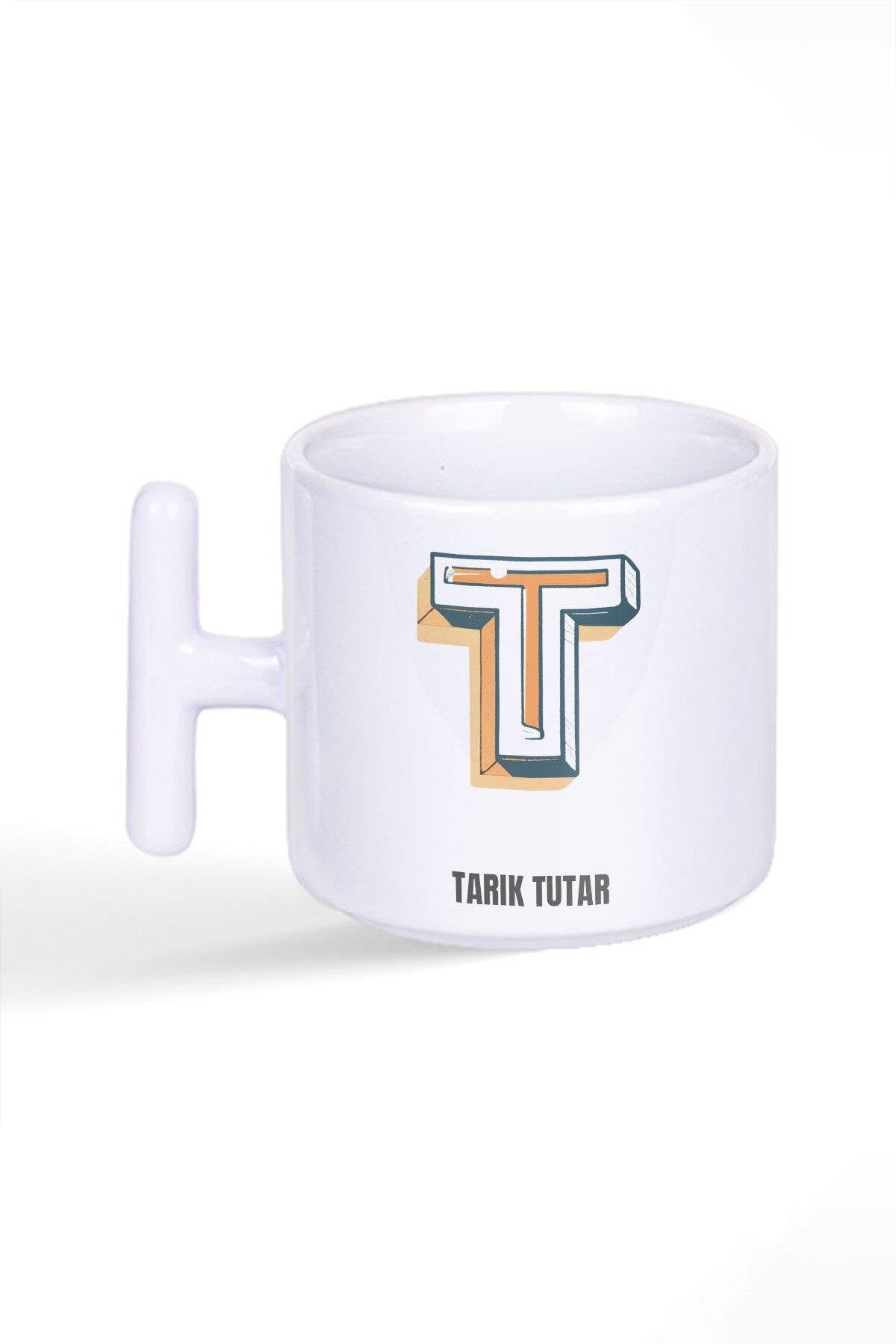 İsme Özel Kişiselleştirilebilir T Harfi Baskılı Latte Fincanı T Kulplu Kupa Bardak