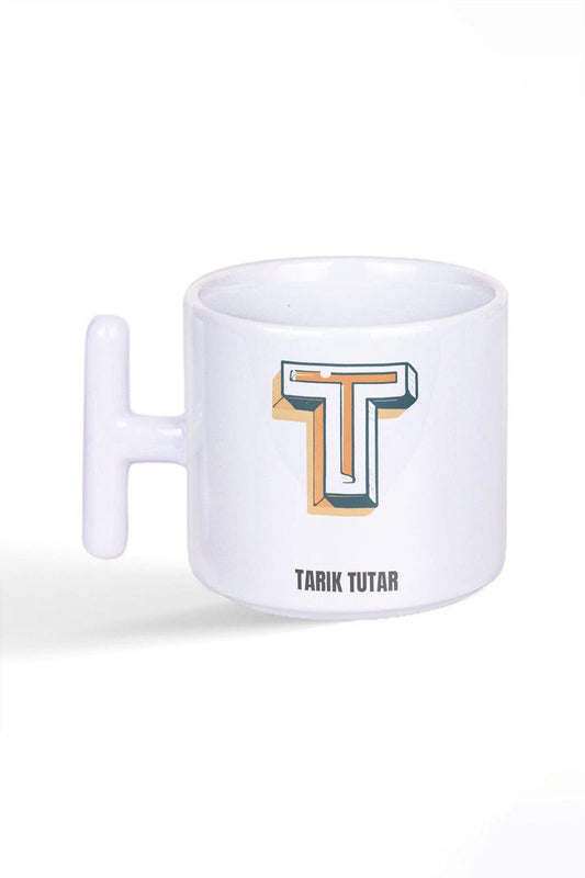 İsme Özel Kişiselleştirilebilir T Harfi Baskılı Latte Fincanı T Kulplu Kupa Bardak