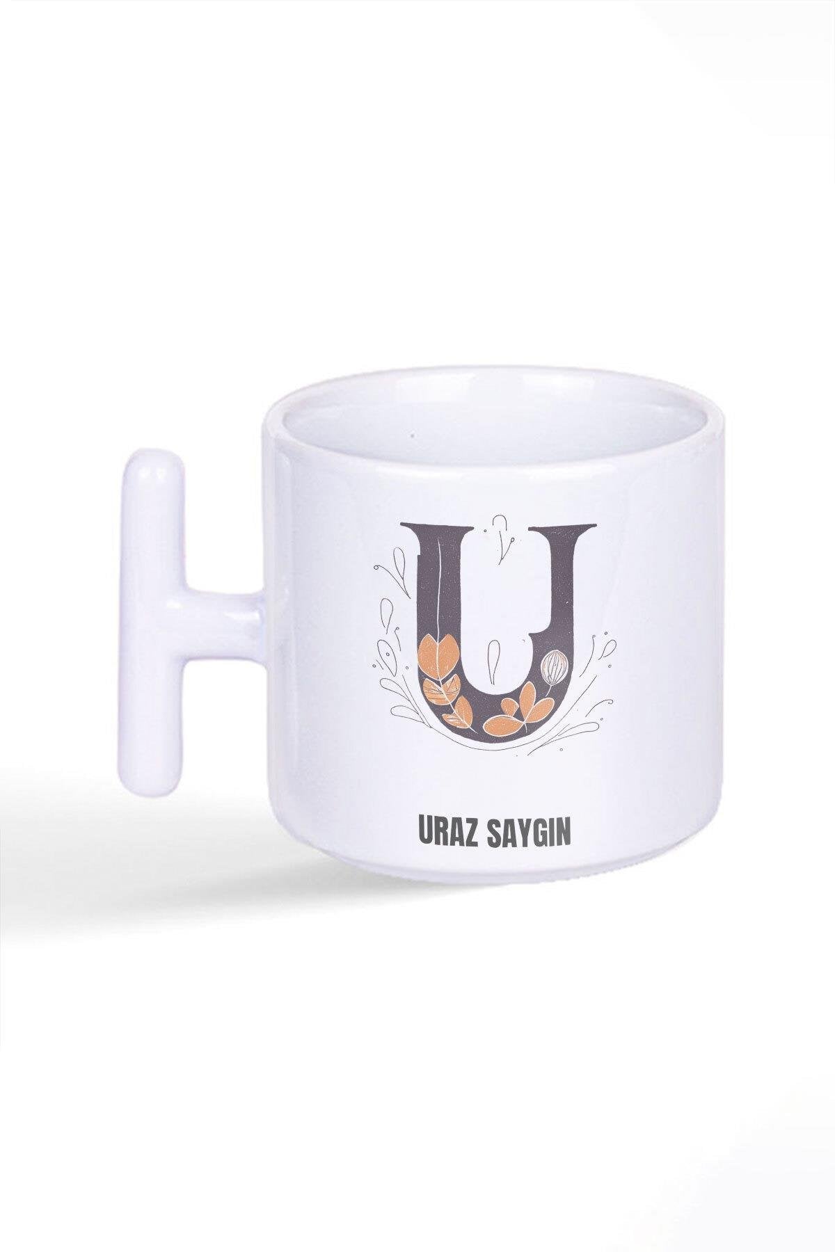 İsme Özel Kişiselleştirilebilir U Harfi Baskılı Latte Fincanı T Kulplu Kupa Bardak