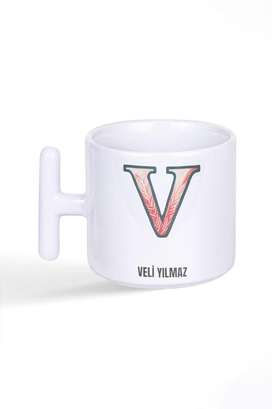 İsme Özel Kişiselleştirilebilir V Harfi Baskılı Latte Fincanı T Kulplu Kupa Bardak