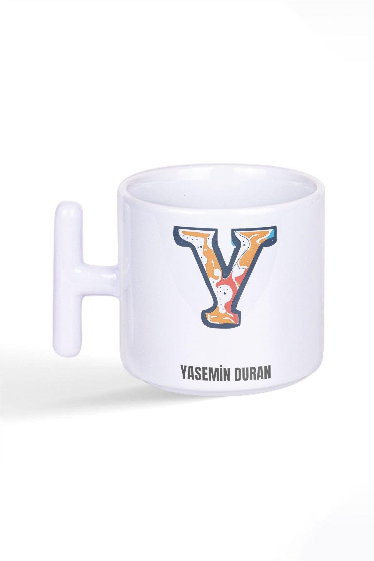İsme Özel Kişiselleştirilebilir Y Harfi Baskılı Latte Fincanı T Kulplu Kupa Bardak