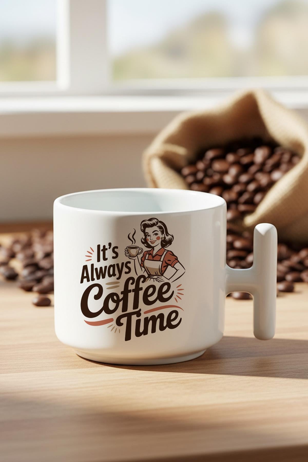 Its Always Coffee Time Baskılı Hediyelik T Kulplu Latte Fincanı Kupa Bardak