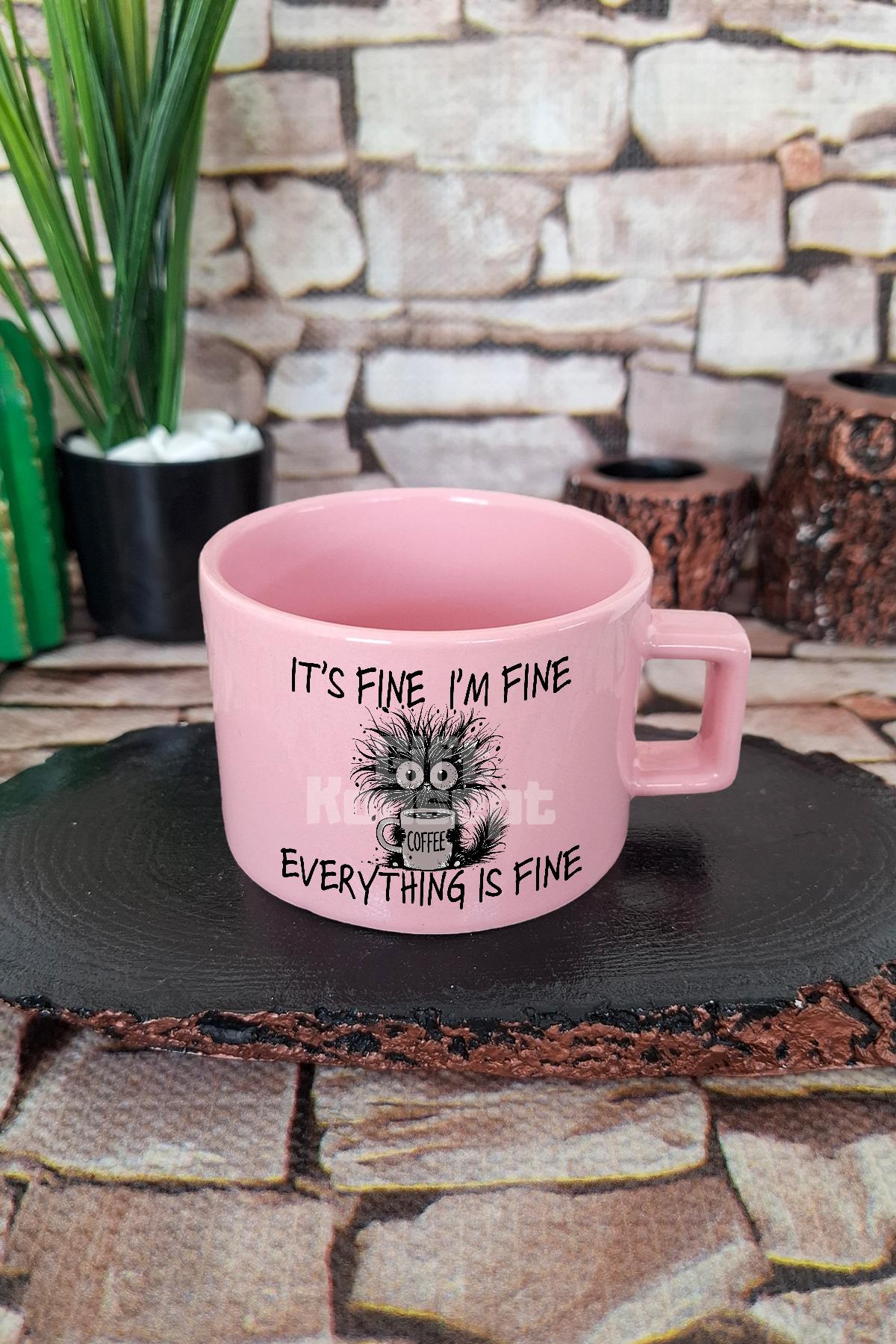 Its Fine I Am Fine Yazılı Komik Her Şey Yolunda Mizahı Kare Kulplu Fincan Mavi Kupa Bardak