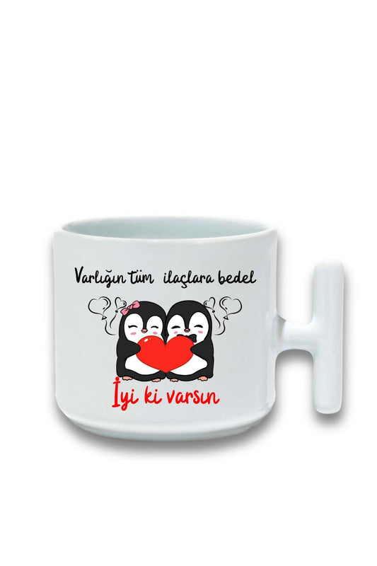 İyi ki Varsın-Penguen Baskılı Eş, Sevgili, Arkadaşa Hediyelik T Kulplu Latte Fincanı Kupa Bardak