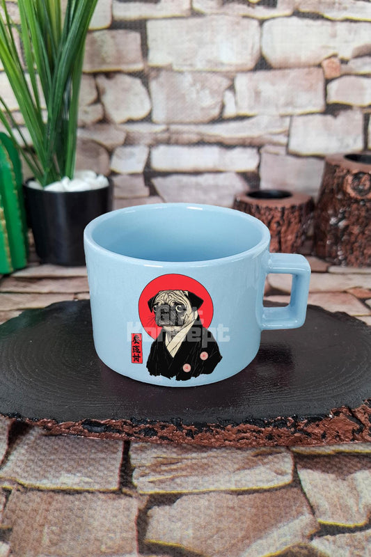Japon Art Sevimli Köpek Baskılı Kawaii Anime Manga Kare Kulplu Fincan Mavi Kupa Bardak