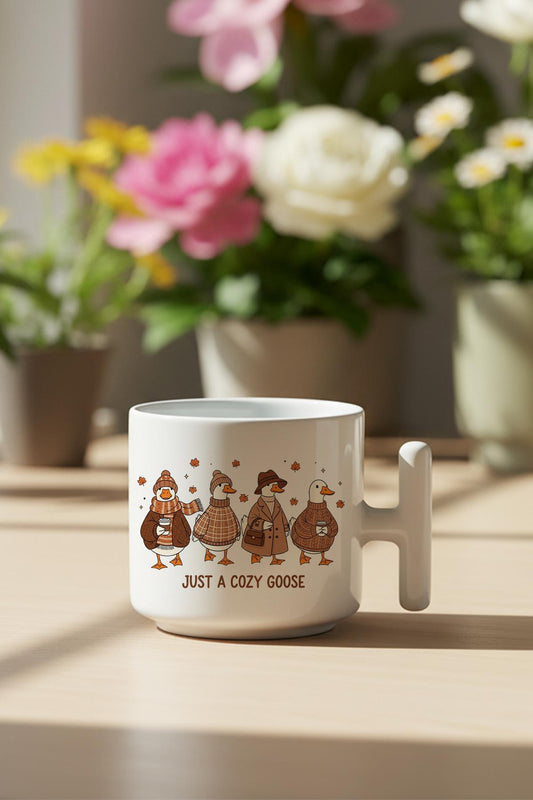Just a Cozy Goose Sonbahar Sevimli Kazlar Baskılı Hediyelik T Kulplu Latte Fincanı Kupa Bardak
