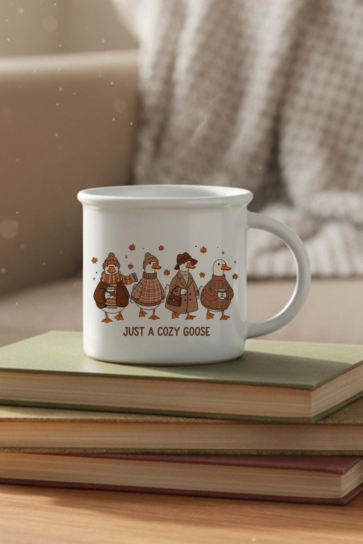 Just a Cozy Goose Sonbahar Sevimli Kazlar Baskılı Enamel Görünümlü Seramik Vintage Kupa Bardak