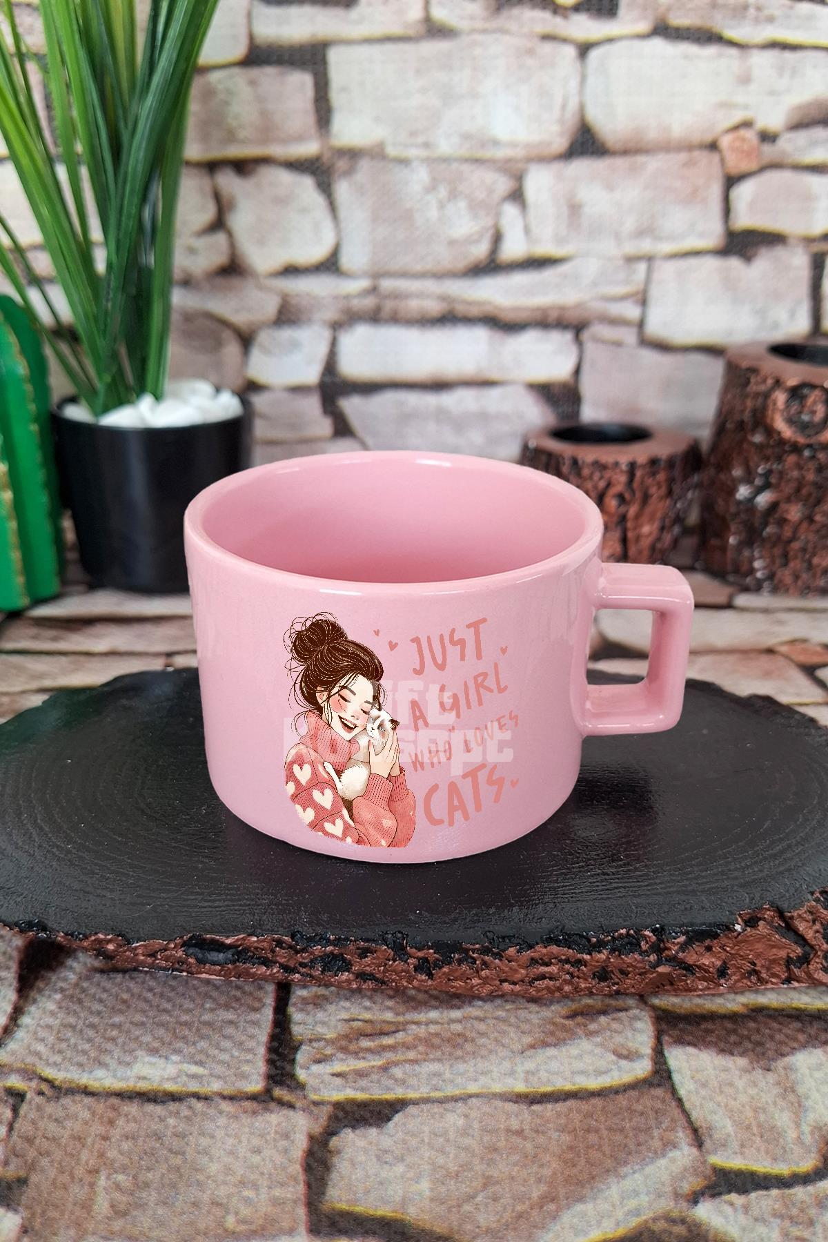 Just A Girl Who Loves Cats Temalı Kedi Aşığı Kız Kare Kulplu Fincan Mavi Kupa Bardak