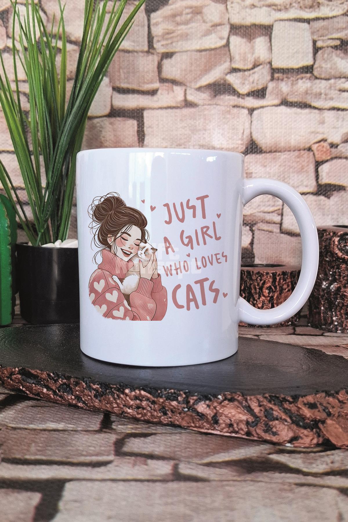 Just A Girl Who Loves Cats Temalı Kedi Aşığı Kız Hediyelik Baskılı Çay Kahve Sunum Kupa Bardak