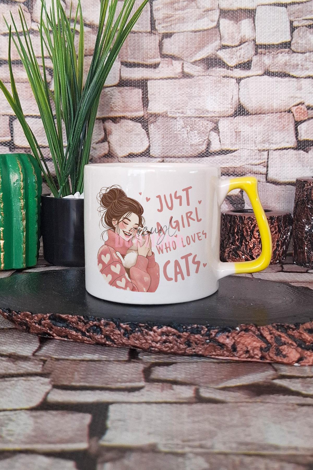 Just A Girl Who Loves Cats Temalı Kedi Aşığı Kız Hediyelik Kulplu Kupa Bardak