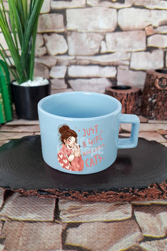 Just A Girl Who Loves Cats Temalı Kedi Aşığı Kız Kare Kulplu Fincan Mavi Kupa Bardak