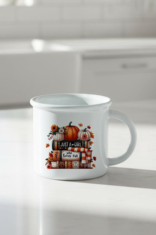 Just a Girl Who Loves Fall Baskılı Enamel Görünümlü Seramik Vintage Kupa Bardak