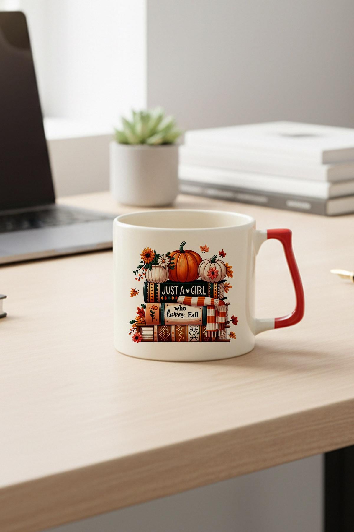 Just a Girl Who Loves Fall Baskılı Kırmızı D Kulplu Kupa Bardak