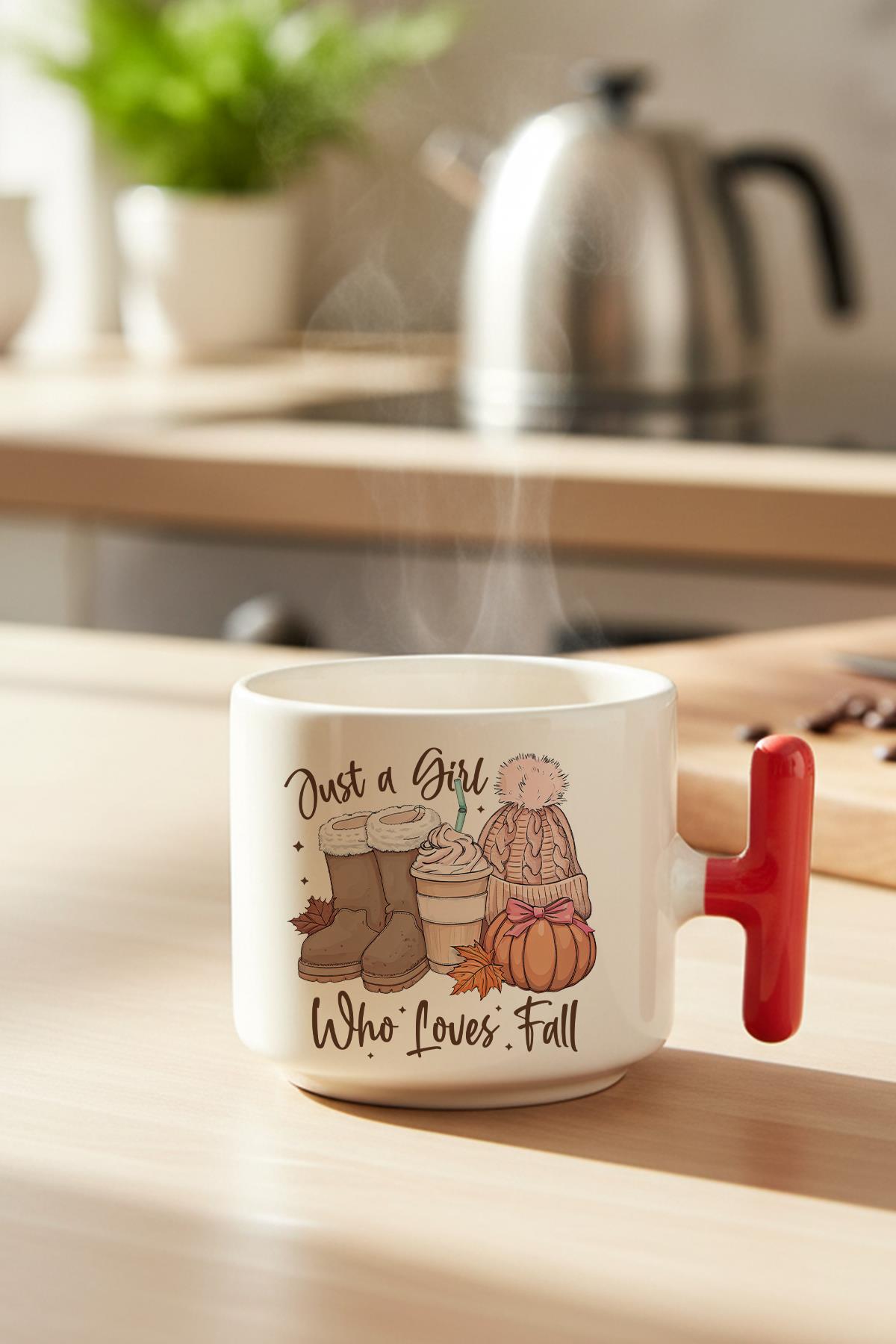 Just a Girl Who Loves Fall No:2 Baskılı Hediyelik T Kulplu Latte Fincanı Kupa Bardak