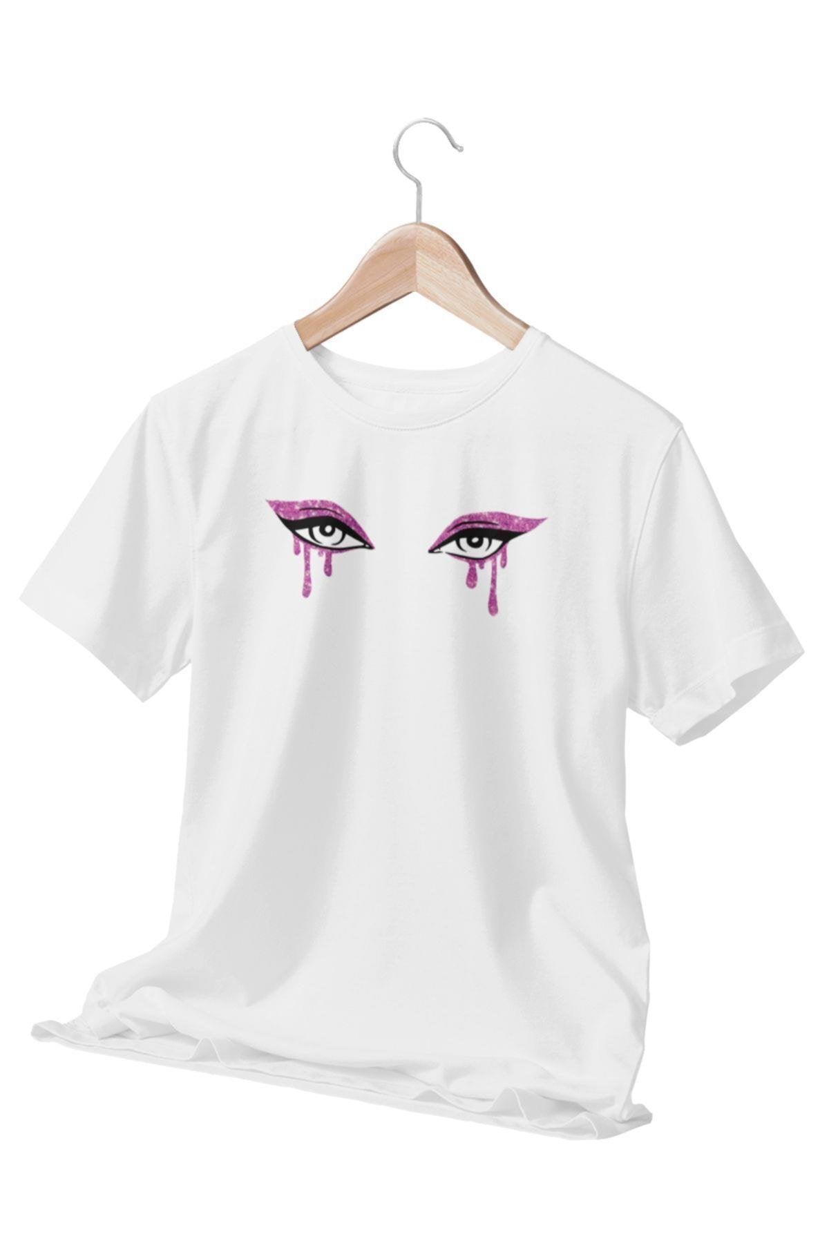 Kadın Gözleri Baskılı Beyaz T-Shirt