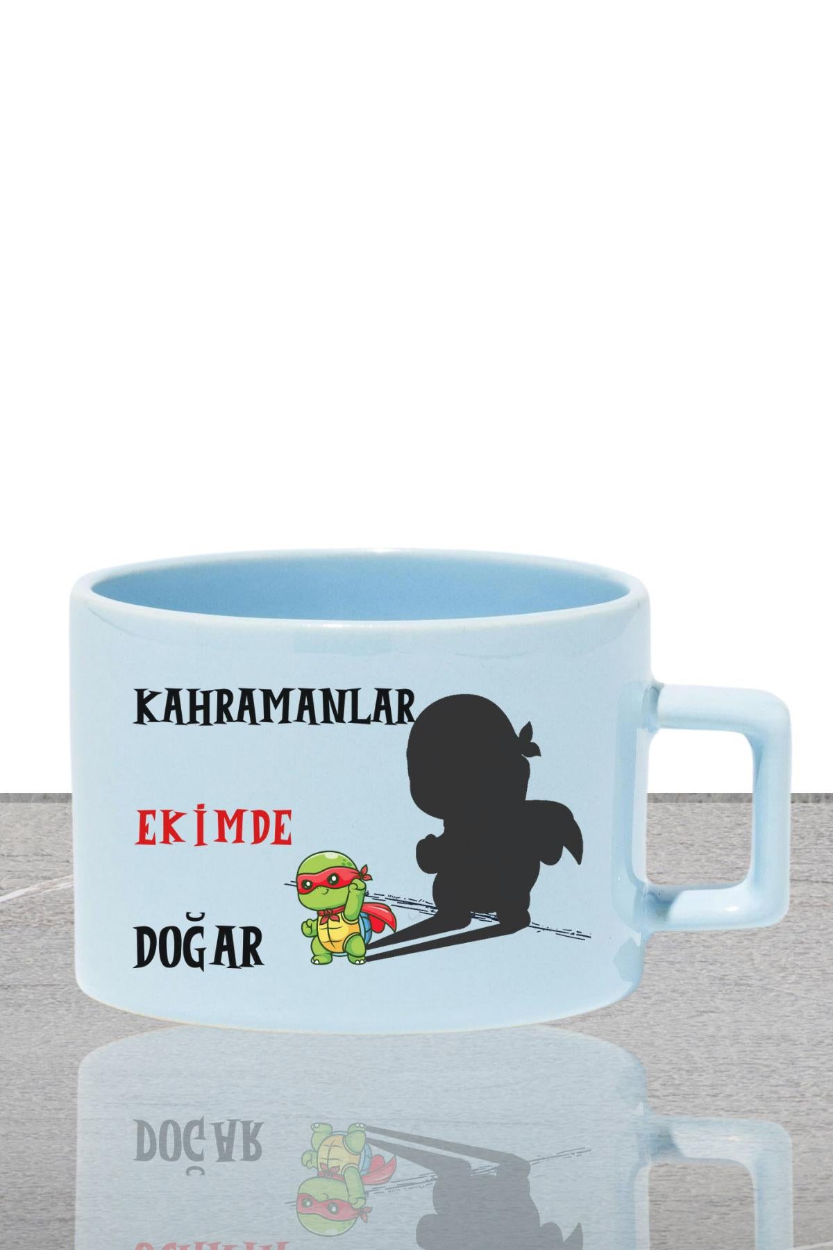 Kahramanlar Ocakta Doğar Baskılı Doğum Babalar Günü Hediyelik Dikdörtgen Kulplu Pastel Mavi Fincan
