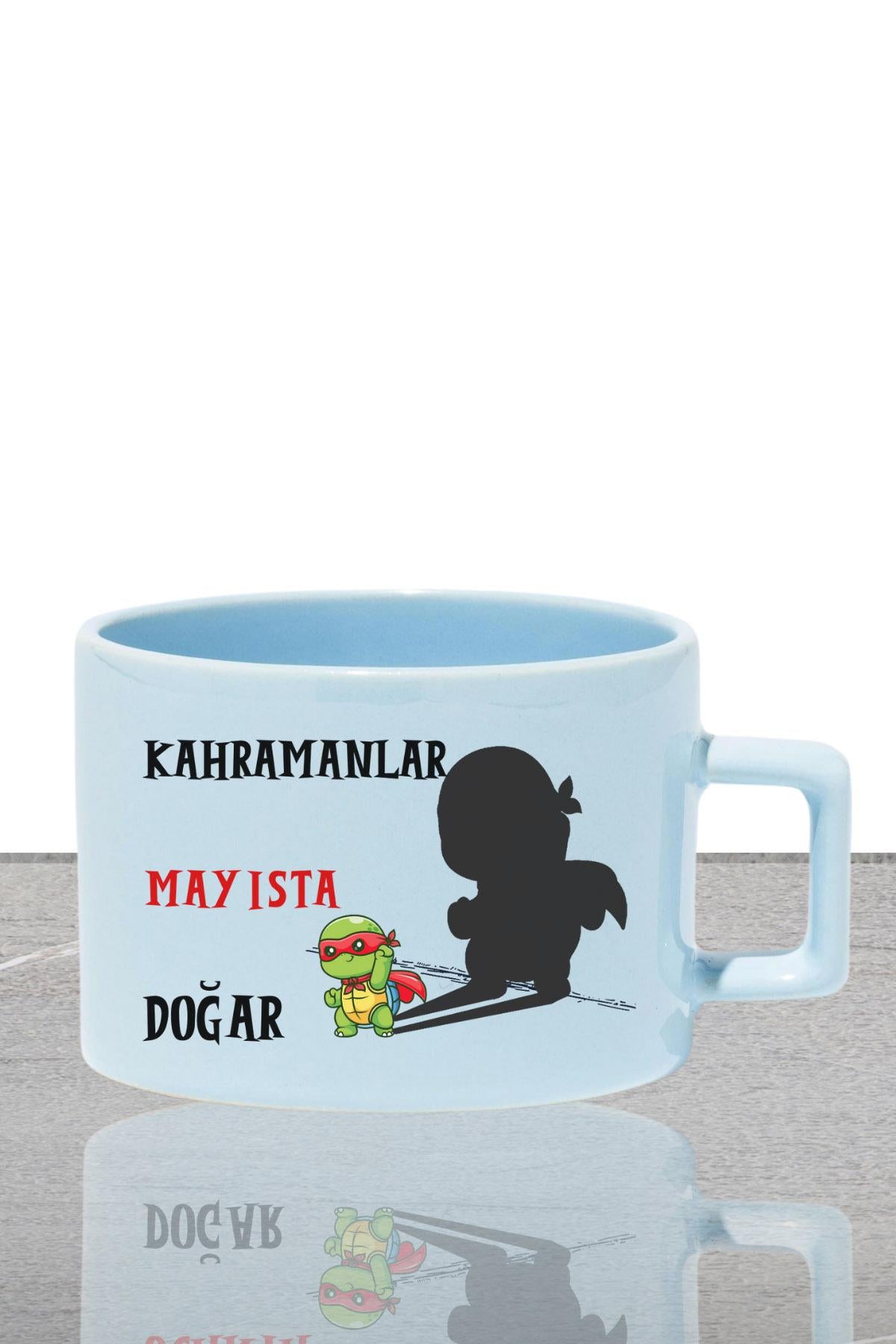 Kahramanlar Ocakta Doğar Baskılı Doğum Babalar Günü Hediyelik Dikdörtgen Kulplu Pastel Mavi Fincan