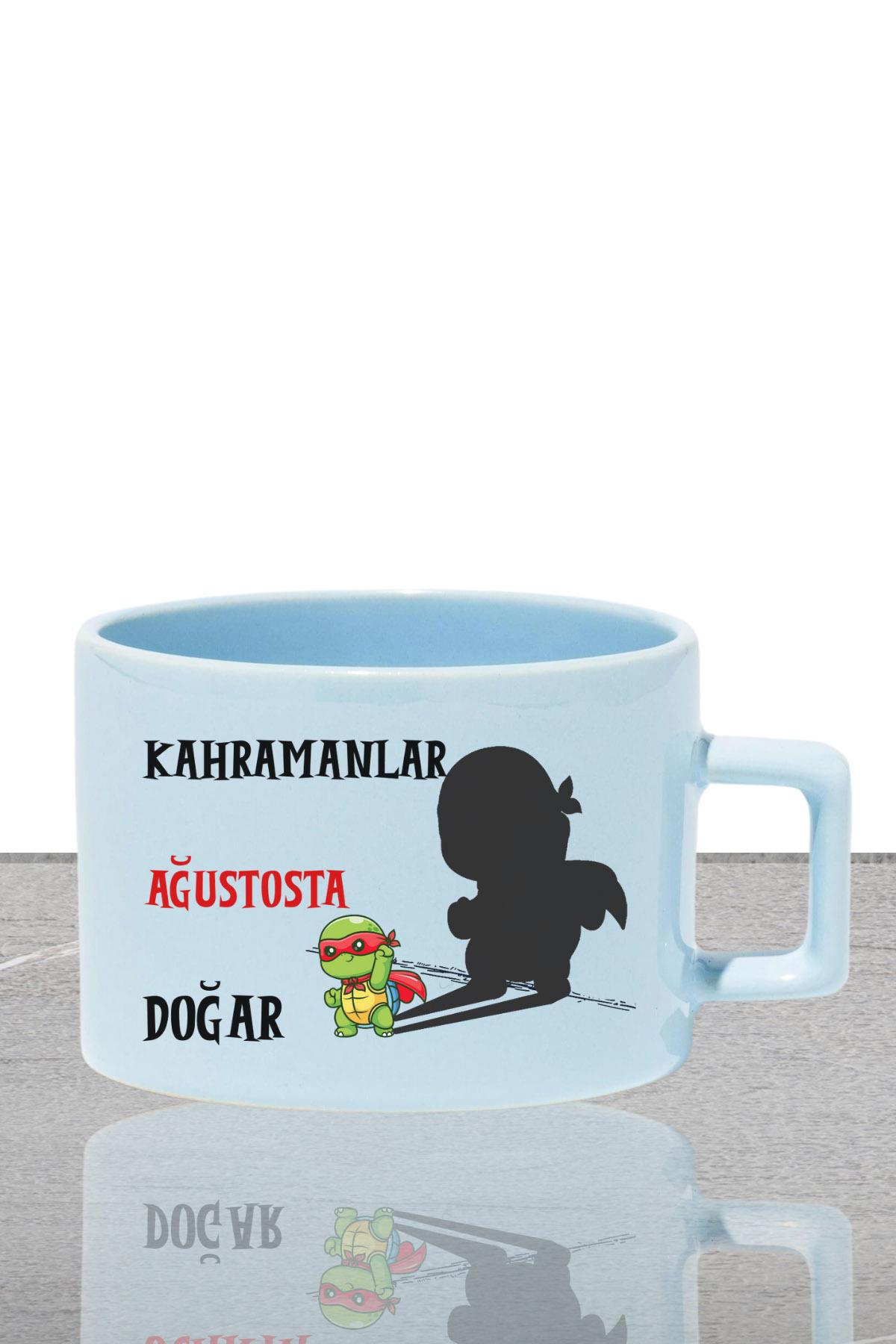 Kahramanlar Ocakta Doğar Baskılı Doğum Babalar Günü Hediyelik Dikdörtgen Kulplu Pastel Mavi Fincan