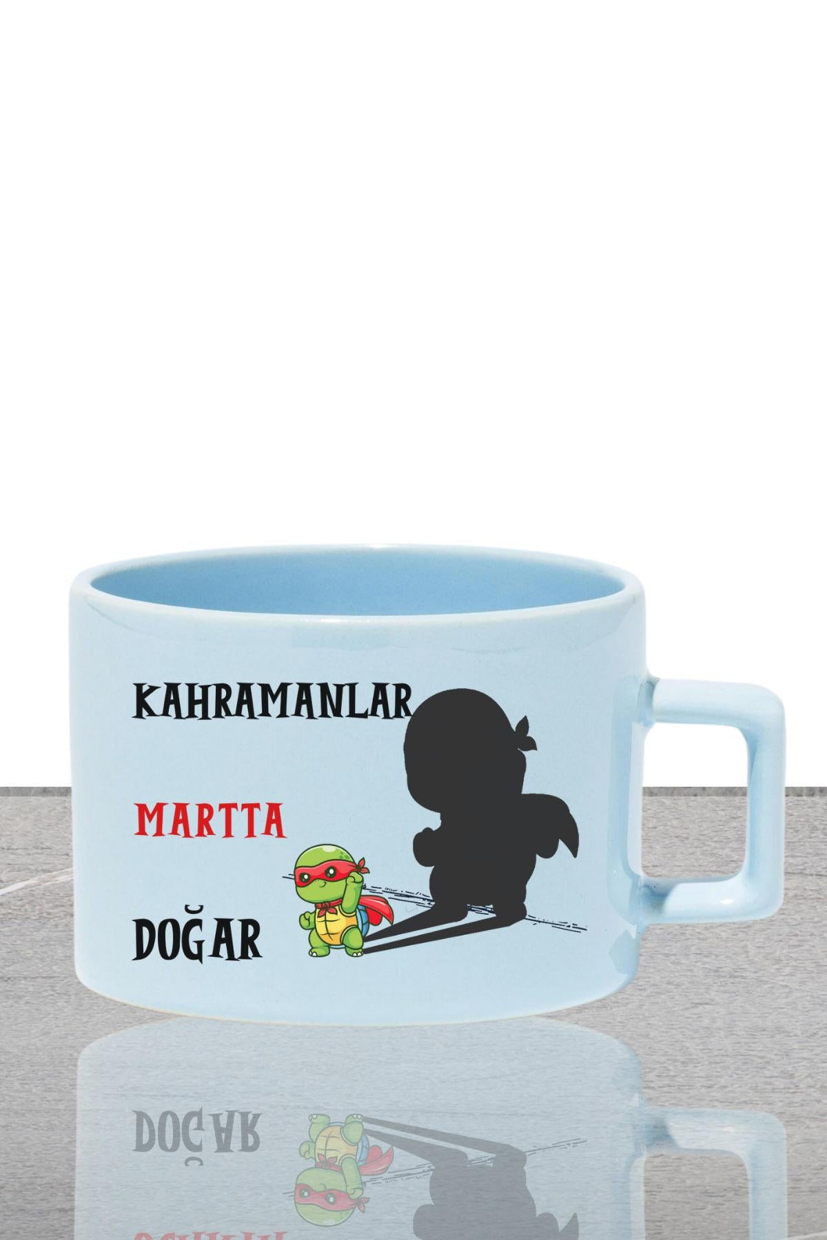 Kahramanlar Ocakta Doğar Baskılı Doğum Babalar Günü Hediyelik Dikdörtgen Kulplu Pastel Mavi Fincan