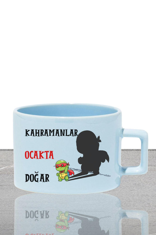 Kahramanlar Ocakta Doğar Baskılı Doğum Babalar Günü Hediyelik Dikdörtgen Kulplu Pastel Mavi Fincan