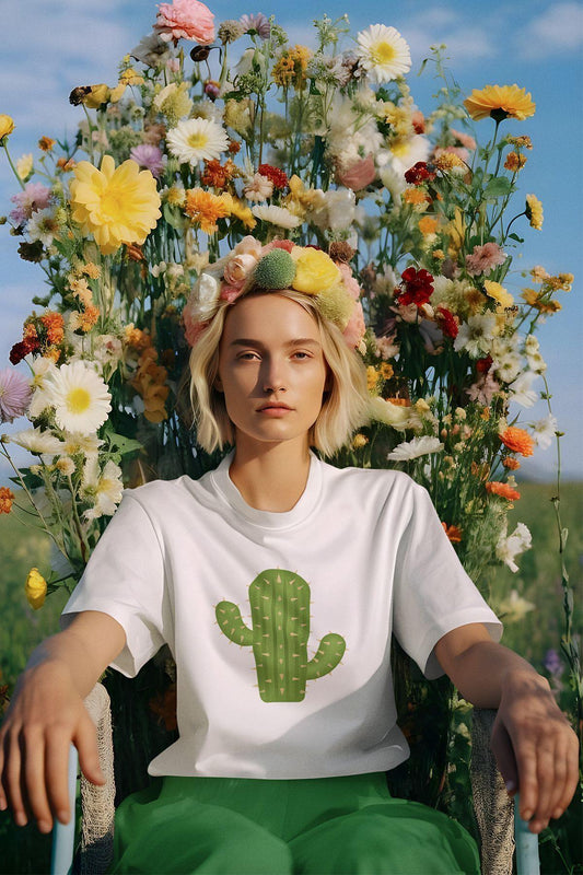 Kaktüs Baskılı Eğlenceli Hediyelik Beyaz Unisex T-Shirt