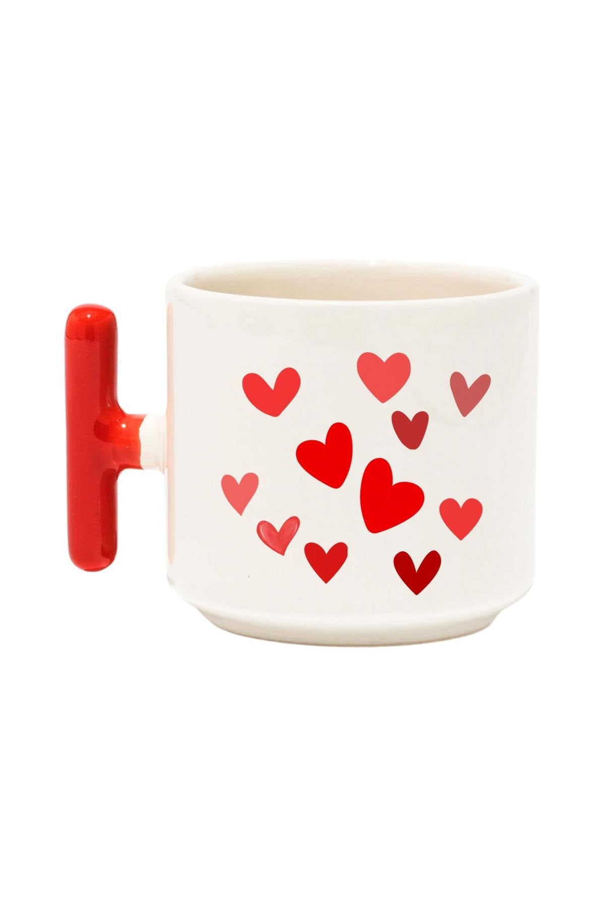 Kalp Süslemeli Renkli T Kulplu Hediyelik Latte Fincanı Kupa Bardak