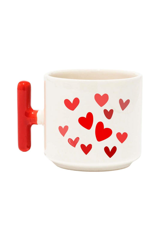 Kalp Süslemeli Renkli T Kulplu Hediyelik Latte Fincanı Kupa Bardak