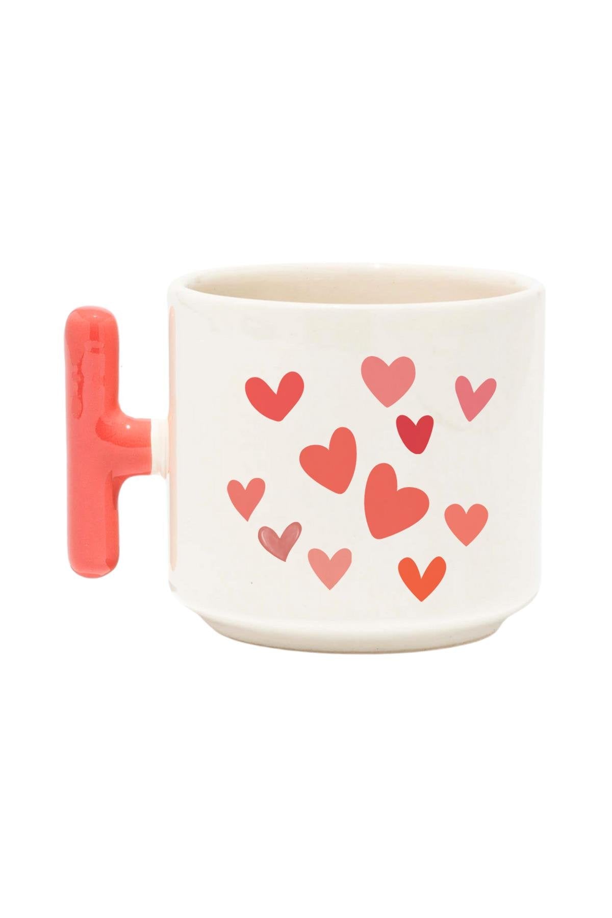 Kalp Süslemeli Renkli T Kulplu Hediyelik Latte Fincanı Kupa Bardak