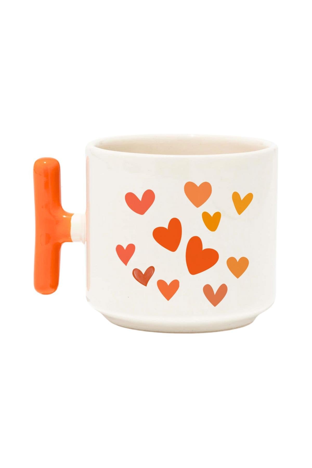 Kalp Süslemeli Renkli T Kulplu Hediyelik Latte Fincanı Kupa Bardak