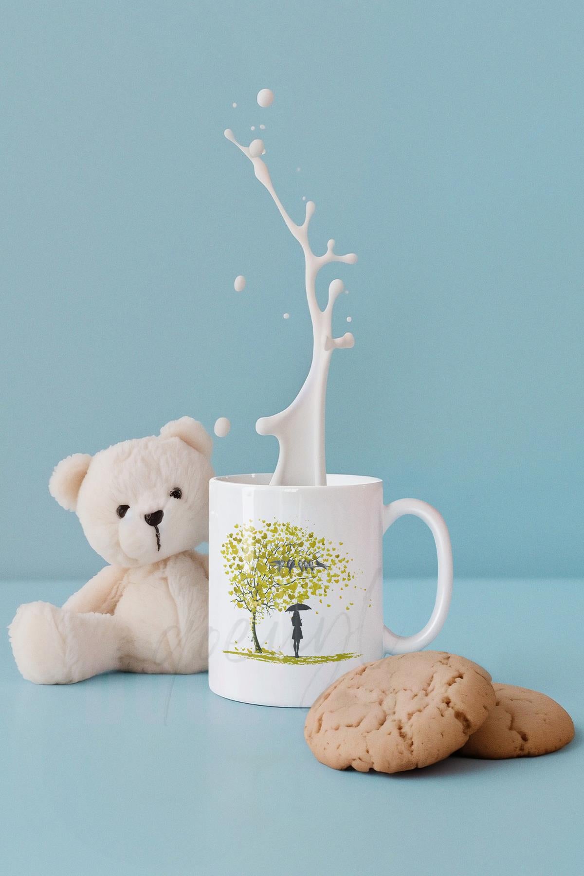 Kalp Yapraklı Hayat Ağacı ve Kuş Baskılı Romantik Hediyelik Beyaz Kupa Bardak