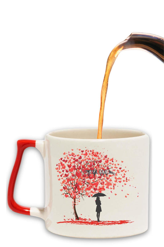 Kalp Yapraklı Hayat Ağacı ve Kuş Baskılı Romantik Hediyelik Renkli Kulplu Modern Seramik Kupa