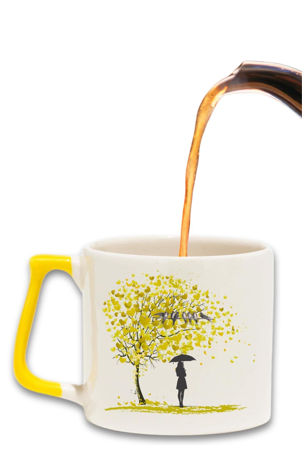 Kalp Yapraklı Hayat Ağacı ve Kuş Baskılı Romantik Hediyelik Renkli Kulplu Modern Seramik Kupa