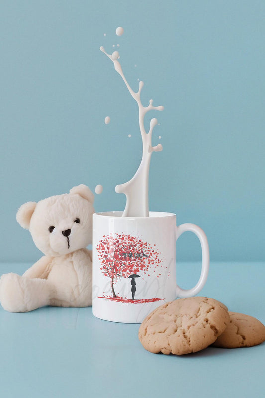 Kalp Yapraklı Hayat Ağacı ve Kuş Baskılı Romantik Hediyelik Beyaz Kupa Bardak