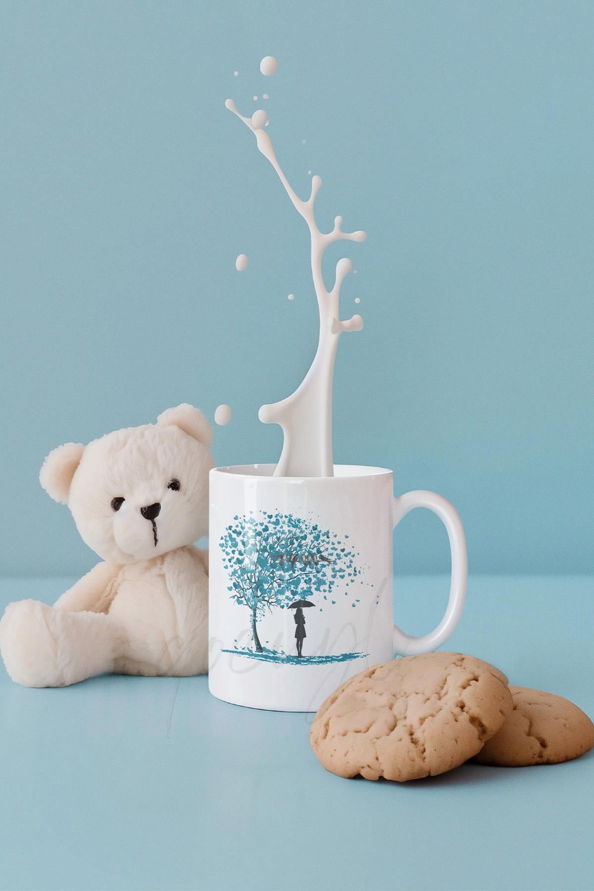 Kalp Yapraklı Hayat Ağacı ve Kuş Baskılı Romantik Hediyelik Beyaz Kupa Bardak