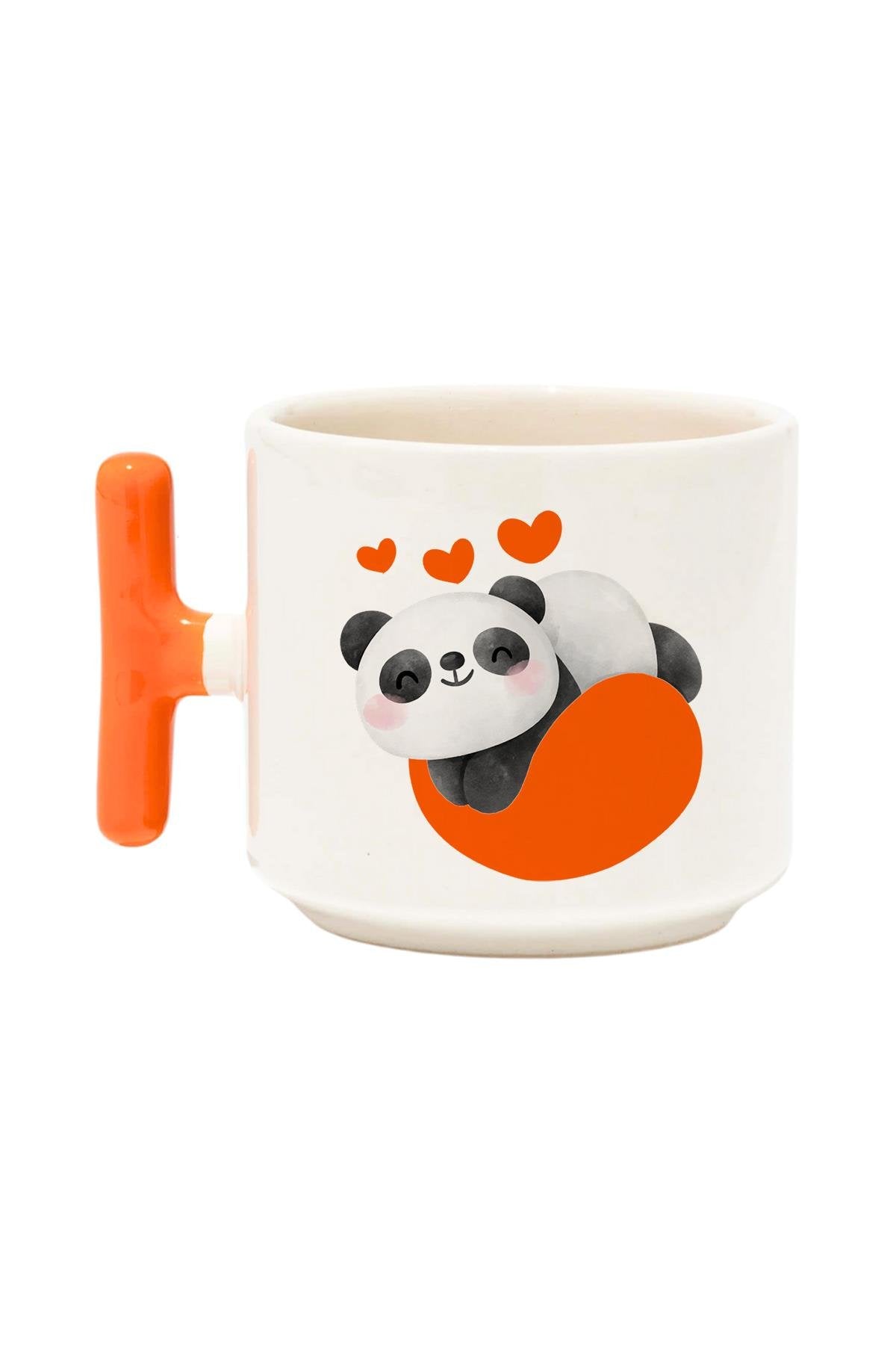 Kalpli Sevimli Panda Baskılı Renkli T Kulplu Hediyelik Latte Fincanı Kupa Bardak